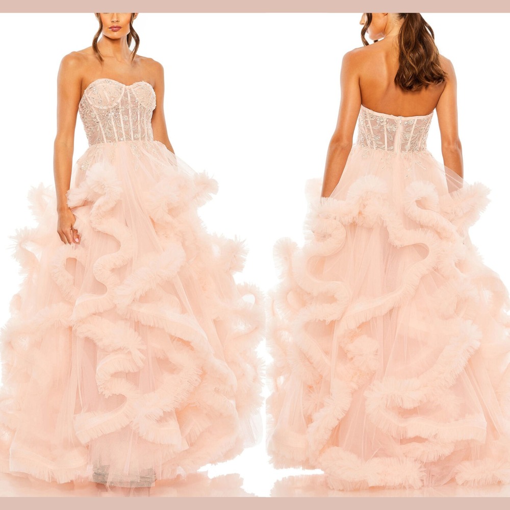 NWT $998 Mac Duggal [ 4 ] 20542 Strapless Corset Detail Tulle Layered Gown S1927